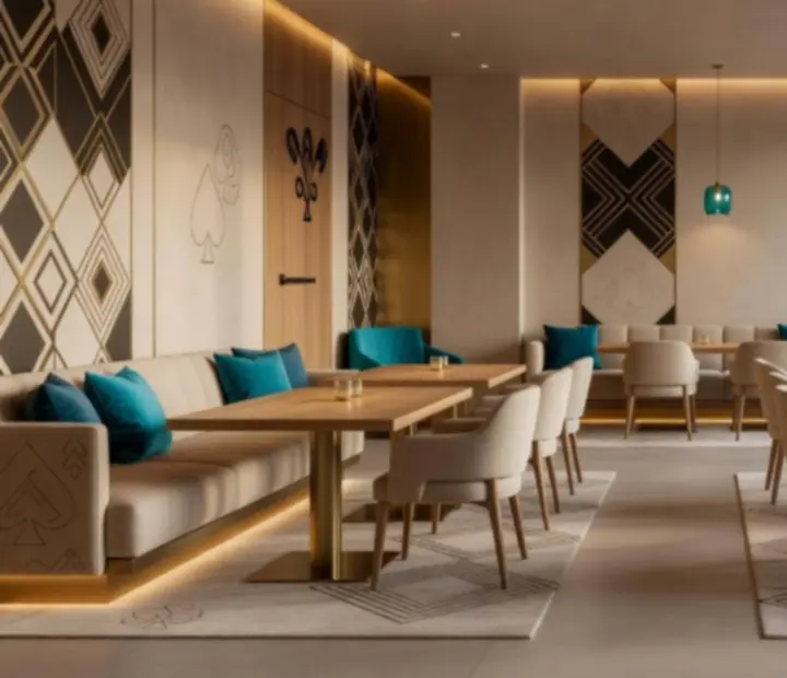 Modern, casino ihletésű, elegáns éttermi enteriőr pókerasztalokkal