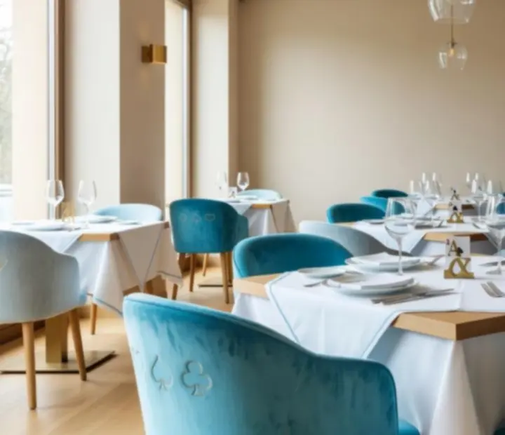 Világos, modern magyar étterem exkluzív belsővel és elegáns asztalbeállítással