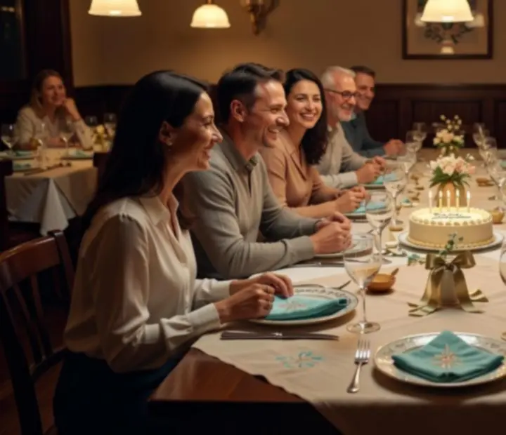 Születésnapi vagy privát ünnepi asztal gyertyákkal és elegánsan terített dekorációval.